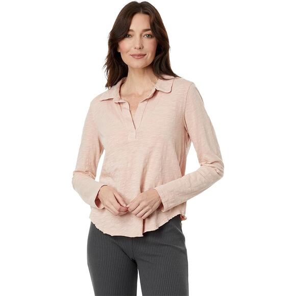 Mododoc Womens XS Pink Peach Slub Jersey Easy Polo Tee Shirt Long Sleeve MM35-7 - Picture 1 of 11